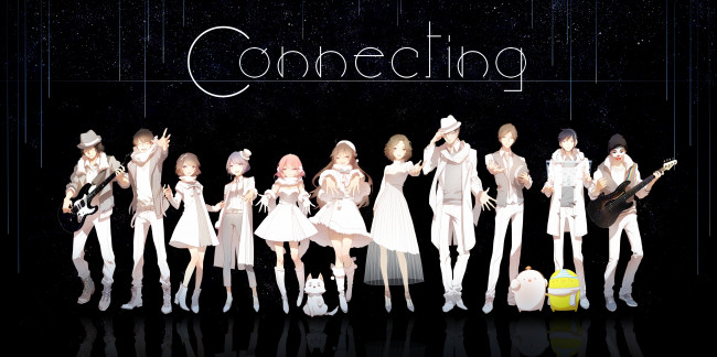 Обои картинки фото аниме, музыка, rella, арт, ночь, звёздное, небо, гитары, парни, девушки, собака