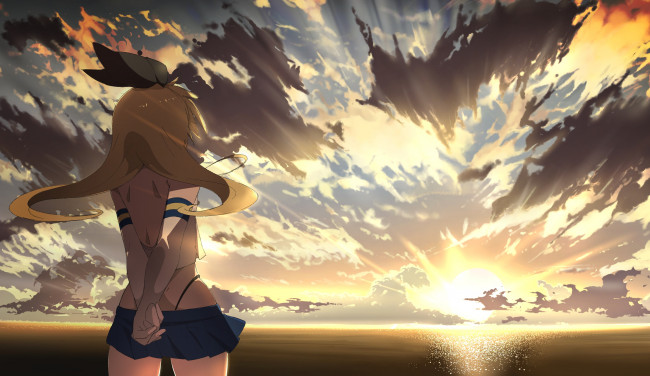 Обои картинки фото аниме, kantai collection, закат, облака, небо, девушка, kancolle, shimakaze, kantai, collection
