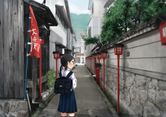 Картинка аниме город +улицы +интерьер +здания девушка