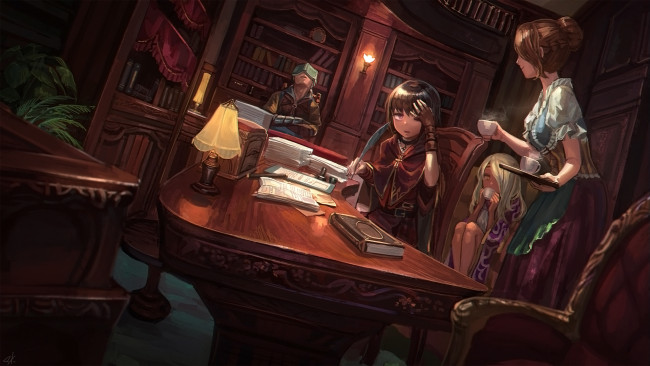 Обои картинки фото аниме, город,  улицы,  интерьер,  здания, девушки