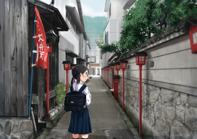 Обои картинки фото аниме, город,  улицы,  интерьер,  здания, девушка