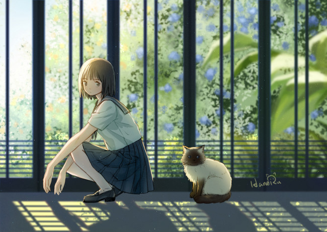 Обои картинки фото аниме, животные,  существа, девушка