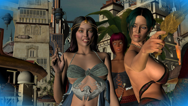 Обои картинки фото 3д графика, фантазия , fantasy, фон, взгляд, девушки