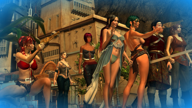 Обои картинки фото 3д графика, фантазия , fantasy, взгляд, фон, девушки