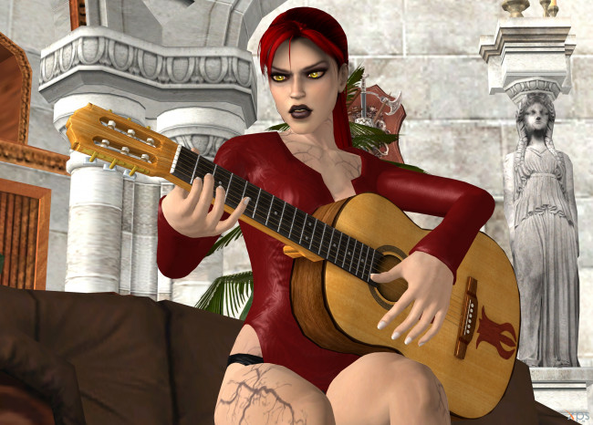 Обои картинки фото 3д графика, люди , people, гитара, фон, взгляд, девушки