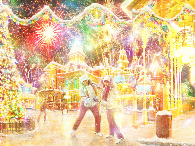 Обои картинки фото праздничные, новогодние пейзажи, фон, девушки, улыбка, взгляд, коньки, лед, фейерверк