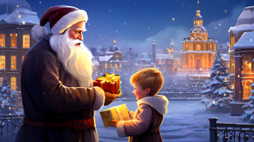 обоя праздничные, дед мороз,  санта клаус, санта, клаус, дед, мороз, подарки, мальчик, здания, снег