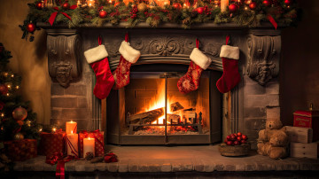 Картинка праздничные новогодний+очаг камин носки украшения свечи подарки