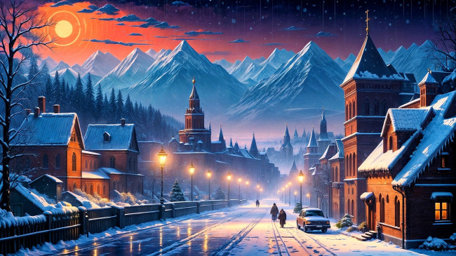 Обои картинки фото рисованное, города, город, снег, горы, деревья