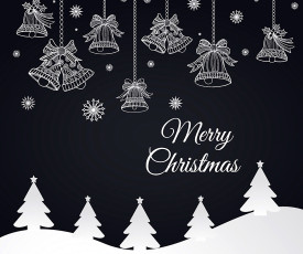обоя праздничные, векторная графика , новый год, колокольчики, снежинки, снег, ёлки, поздравление