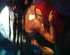 обоя фэнтези, эльфы, парень, девушка