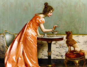 Картинка рисованное vittorio+reggianini девушка дама собачка столик еда