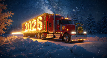 обоя праздник, праздничные, - разное , новый год, зима, дорога, лес, небо, снег, ночь, новый, год, 2026, грузовик