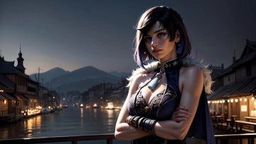 обоя 3д графика, фантазия , fantasy, девушка, наряд, мост, река, город, дома, горы