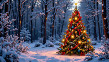 обоя автор wp stl, 3д графика, праздники , holidays, лес, зима, снег, елка, фонари, шарики