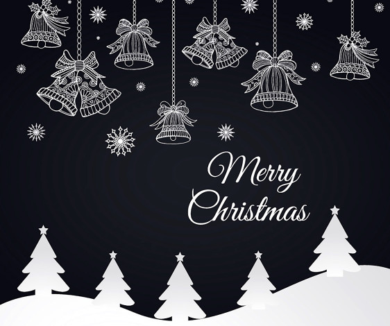 Обои картинки фото праздничные, векторная графика , новый год, колокольчики, снежинки, снег, ёлки, поздравление
