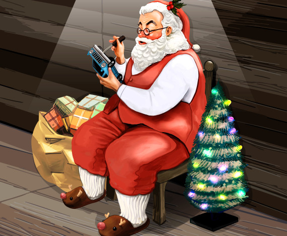 Обои картинки фото праздничные, дед мороз,  санта клаус, дед, мороз, машинка, мешок, подарки, ёлка