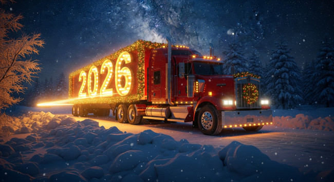 Обои картинки фото праздник, праздничные, - разное , новый год, зима, дорога, лес, небо, снег, ночь, новый, год, 2026, грузовик