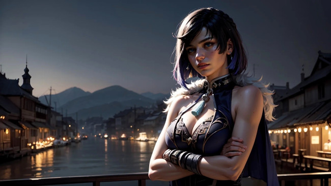 Обои картинки фото 3д графика, фантазия , fantasy, девушка, наряд, мост, река, город, дома, горы