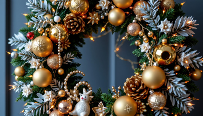 Обои картинки фото автор wp stl, 3д графика, праздники , holidays, рождественский, венок, бусы, шарики