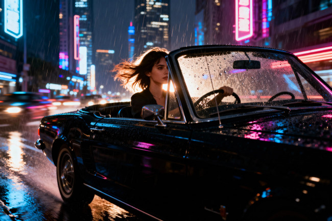 Обои картинки фото 3д графика, люди-авто, мото , people- car ,  moto, девушка, машина, дождь, город, дома