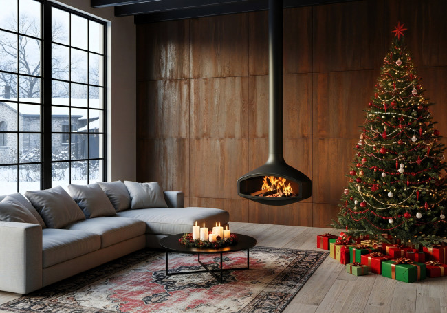 Обои картинки фото праздничные, - разное , новый год, дома, комната, окно, диван, камин, ёлка, ковер, стол, свечи