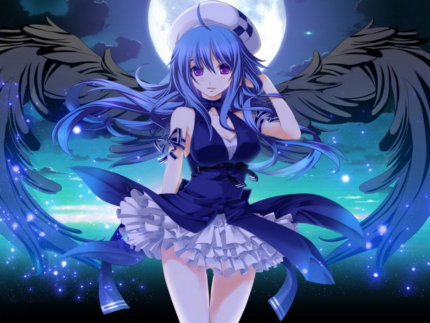Обои картинки фото аниме, pangya, ночь, луна, крылья, девушка