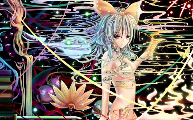 Обои картинки фото аниме, touhou, глаза, меч, девушка, демоны, цветы