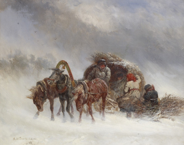 Обои картинки фото рисованные, николай, сверчков, тройка, в, зимнюю, вьюгу