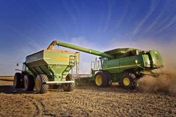 обоя john deere 9670, техника, комбайны, трактор, комбайн, уборочная, поле, прицеп