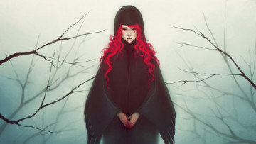 Картинка фэнтези девушки капюшон накидка красные волосы девушка