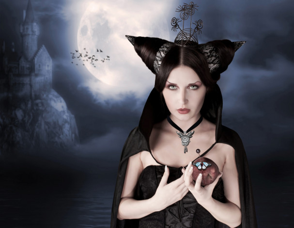 Обои картинки фото фэнтези, девушки, бабочка, яблоко, замок, прическа