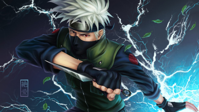Обои картинки фото аниме, naruto, solo, hatake, kakashi, перчатки, листья, шрам, иероглиф