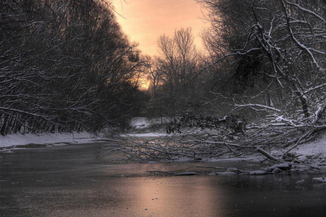 Обои картинки фото природа, реки, озера, сумерки, закат, река, деревья, ветки