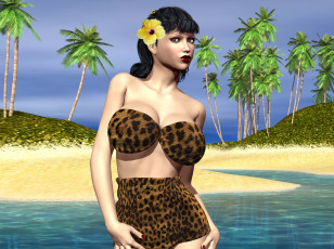 Картинка 3д+графика люди+ people девушка взгляд фон пляж море пальмы