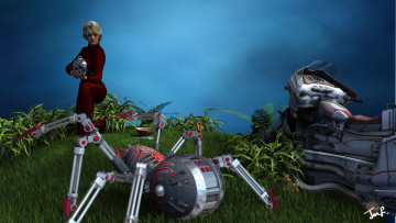 Картинка 3д+графика фантазия+ fantasy девушка взгляд фон оружие трава паук