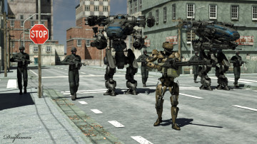 Картинка 3д+графика фантазия+ fantasy улица солдаты роботы the new mech