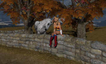 Картинка 3д+графика фантазия+ fantasy деревья пегас забор фон взгляд девушка