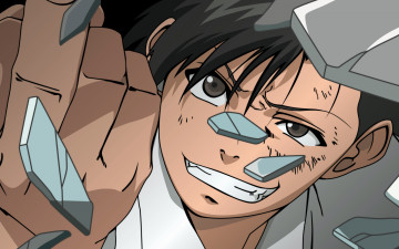 Картинка аниме black+lagoon улыбка осколки мужчина okajima rokuro палец жест рука