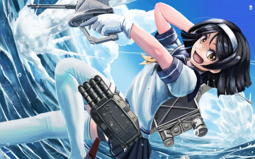 Картинка аниме kantai+collection взгляд девушка tanikaze kantai collection оружие брюнетка kancolle арт abazu-red вода