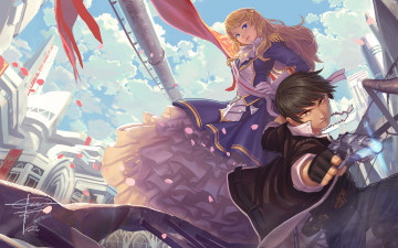 Картинка аниме оружие +техника +технологии небо взгляд пистолет город девушка облака парень geister