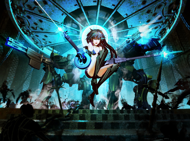 Обои картинки фото аниме, black rock shooter, kuroi, mato, роботы, арт, arsenixc, пулемёты, оружие, девушка, black, rock, shooter