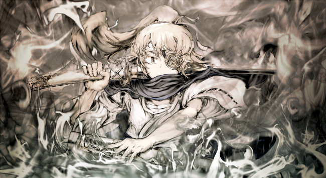 Обои картинки фото аниме, оружие,  техника,  технологии, взгляд, yoshioka, yoshiko, арт, девушка