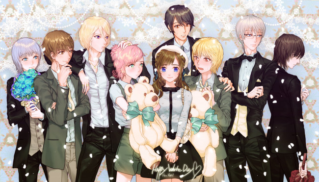 Обои картинки фото аниме, unknown,  другое, парни, арт, букет, мягкие, игрушки, медведи, люди, rukiana, узоры, девушка