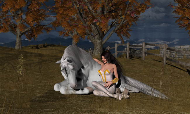 Обои картинки фото 3д графика, фантазия , fantasy, девушка, взгляд, фон, деревья, единорог, забор