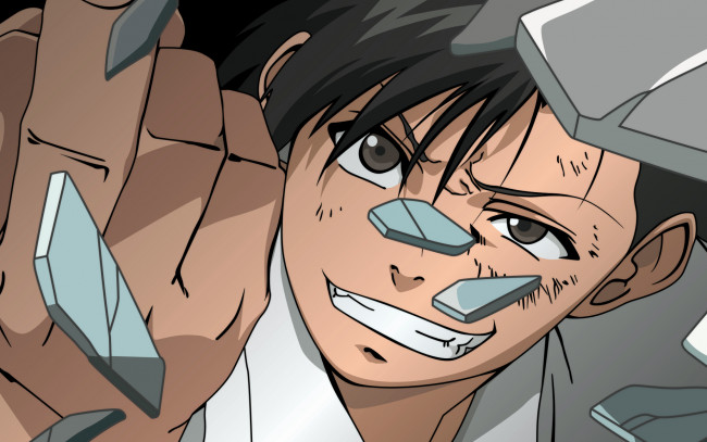 Обои картинки фото аниме, black lagoon, улыбка, осколки, мужчина, okajima, rokuro, палец, жест, рука