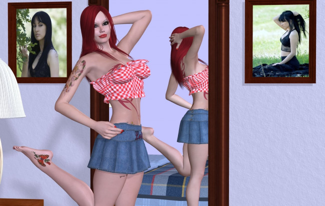 Обои картинки фото 3д графика, люди , people, девушка, взгляд, фон, рыжая, зеркало