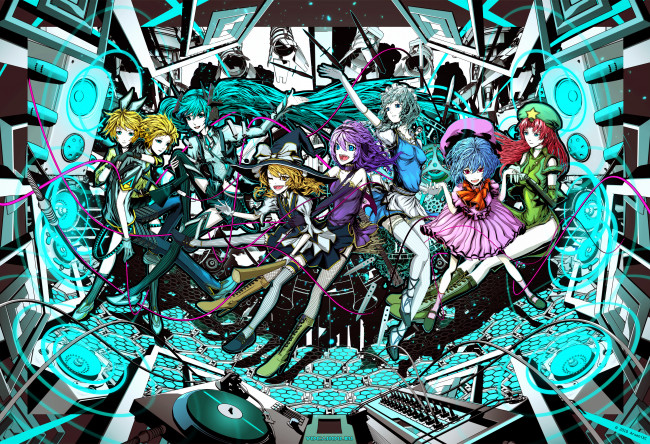 Обои картинки фото аниме, vocaloid, арт, remilia, scarlet, megurine, luka, kirisame, marisa, rin, kagamine, len, arsenixc, абстракция, девушки, парень, izayoi, sakuya, hong, meiling, hatsune, miku, touhou
