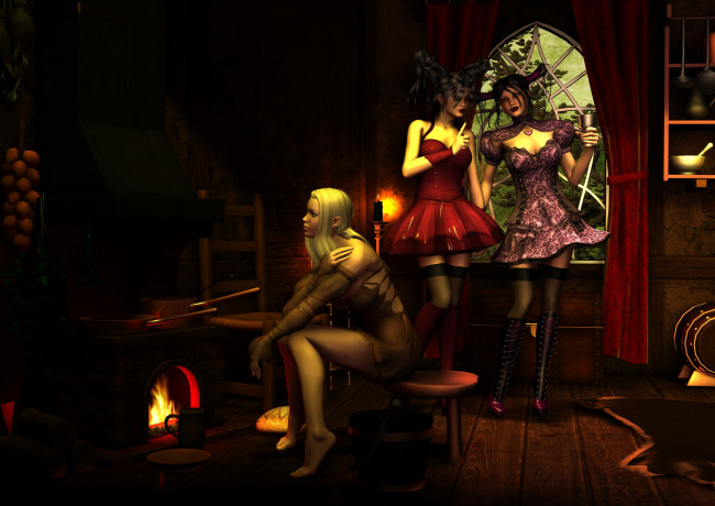 Обои картинки фото 3д графика, люди , people, камин, фон, взгляд, девушки, вино