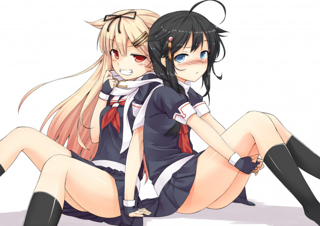 Обои картинки фото аниме, kantai collection, арт, девушки, смущение, kuronagi, yuudachi, kancolle, kantai, collection, shigure